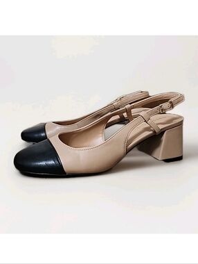 Madden Girl Kiitty Slingback Block Heel Pumps Beige Black Cap Toe Women's 9.5 M